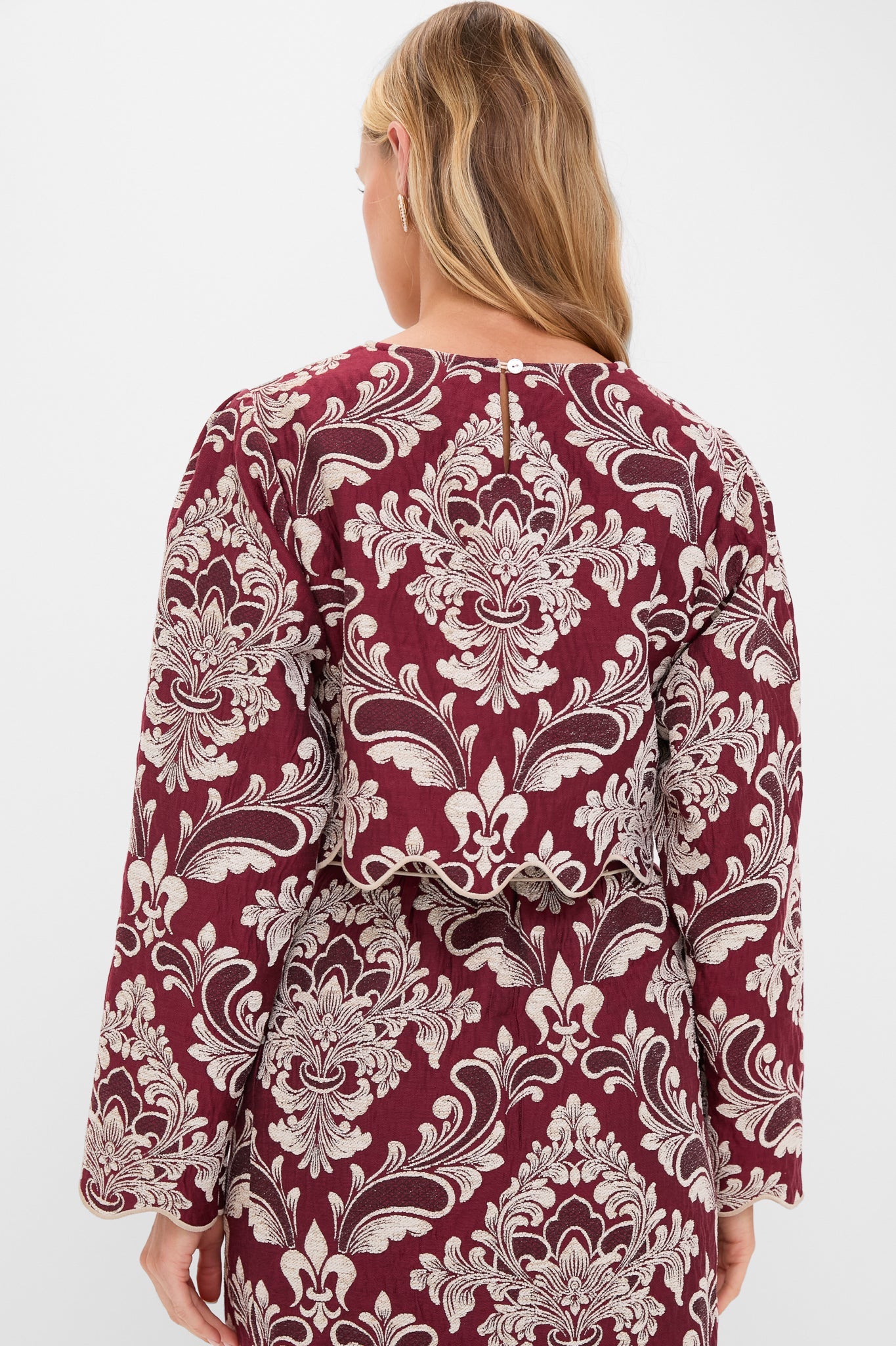 Blush Pink and Burgundy Bicolor Jacquard Waves Long Sleeve Top