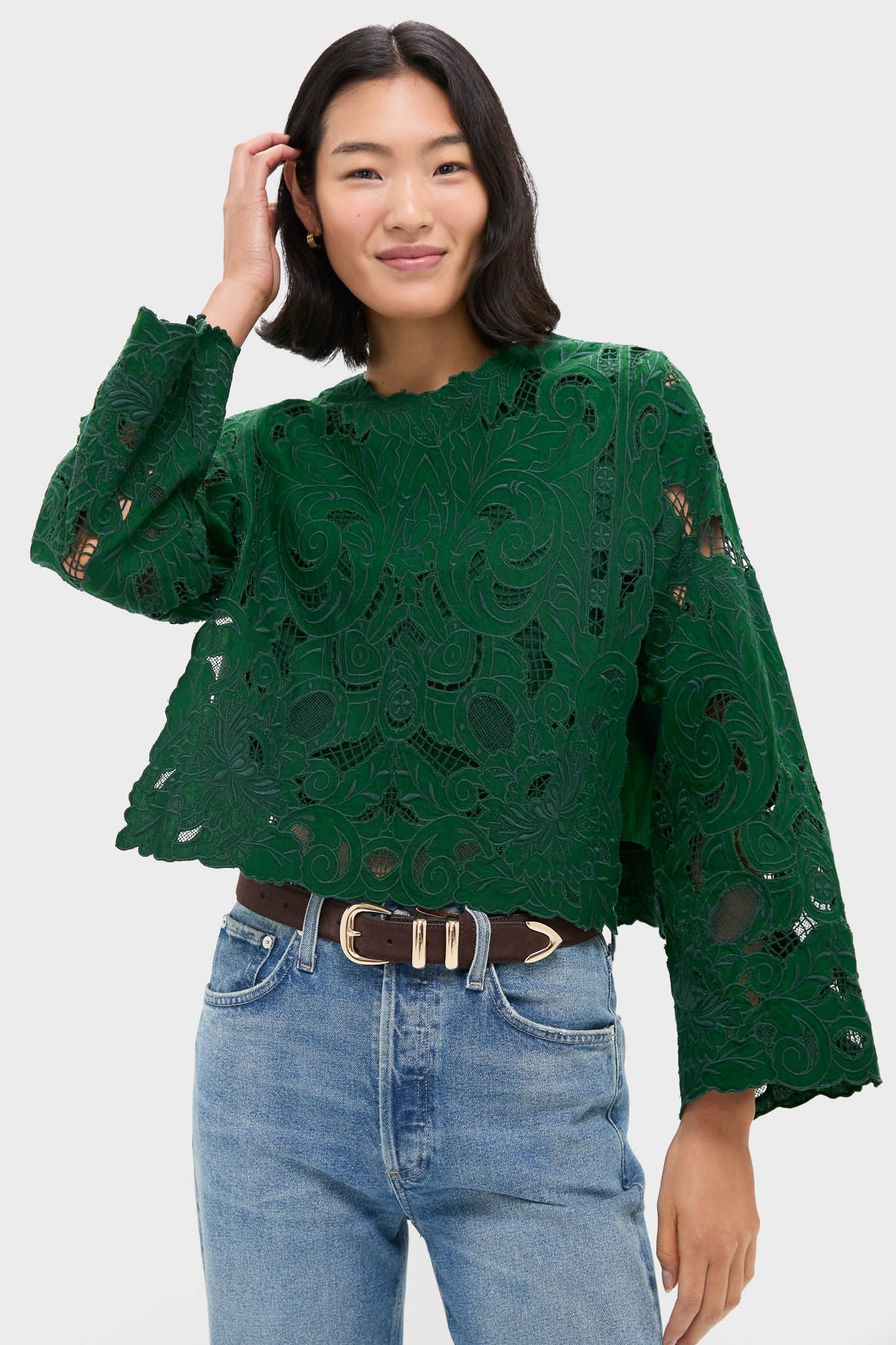 Green Ceci Embroidery Long Sleeve Top