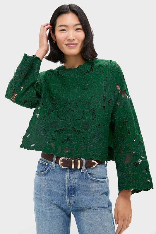 Green Ceci Embroidery Long Sleeve Top