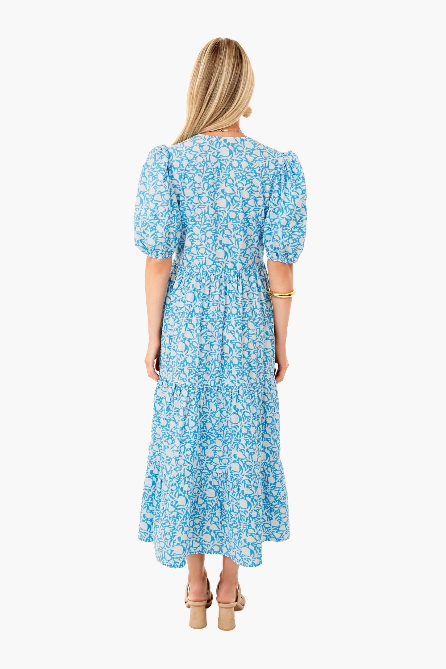 Canary Blue Puff V-Neck Maxi Dress