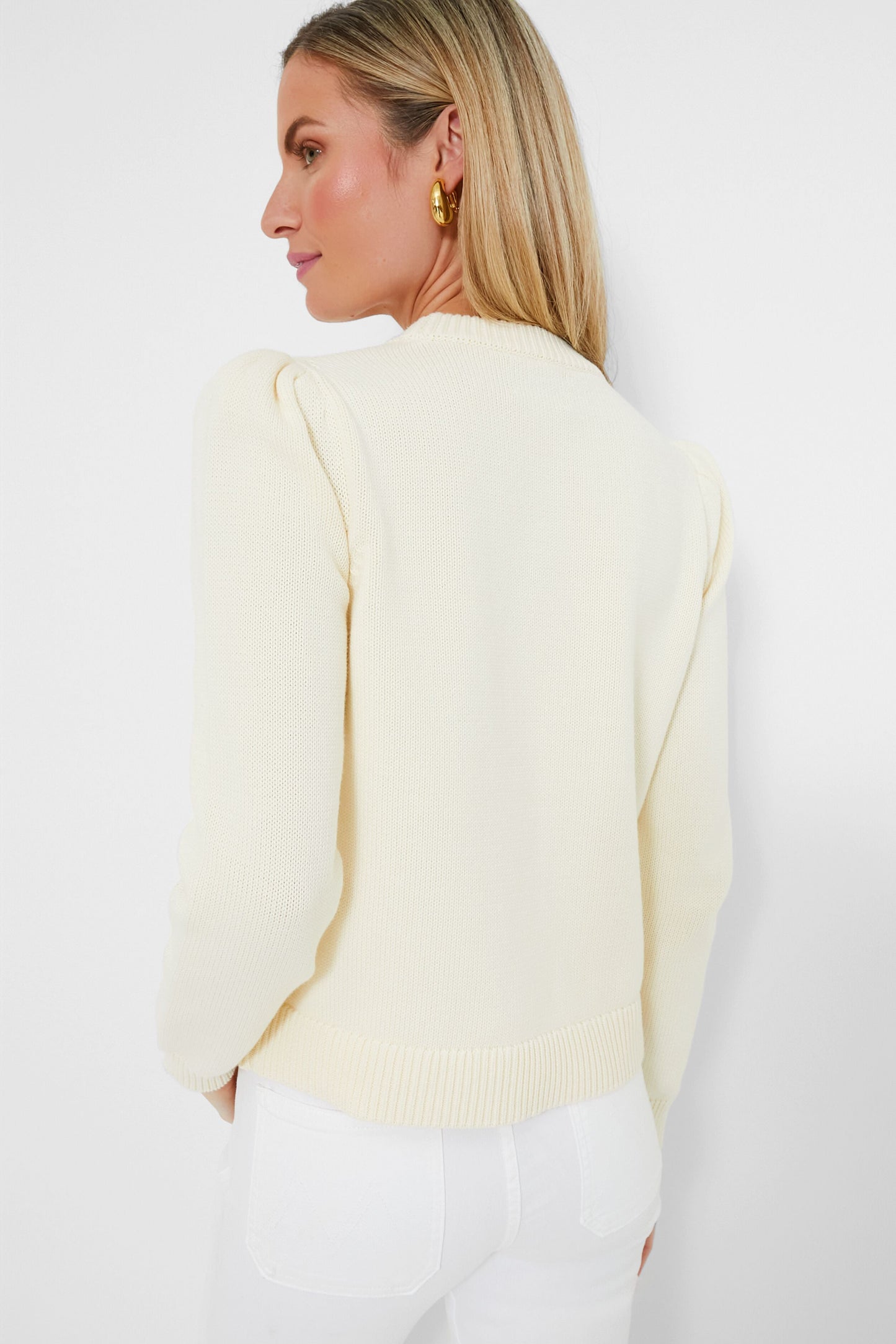 Ivory and Sandstone Cropped Puff Sleeve Americana Sweater