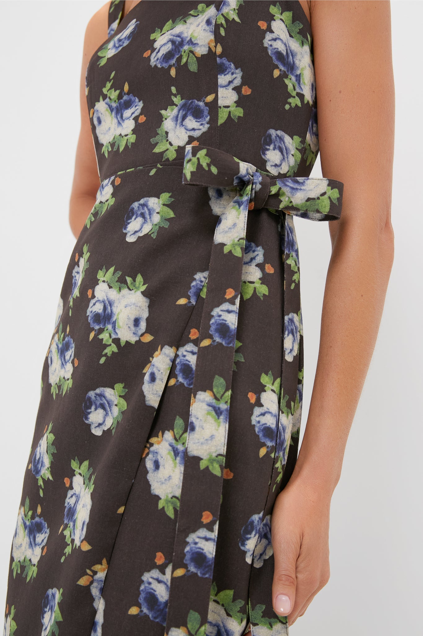 Brown & Blue Floral Wrap Tasha Midi Dress