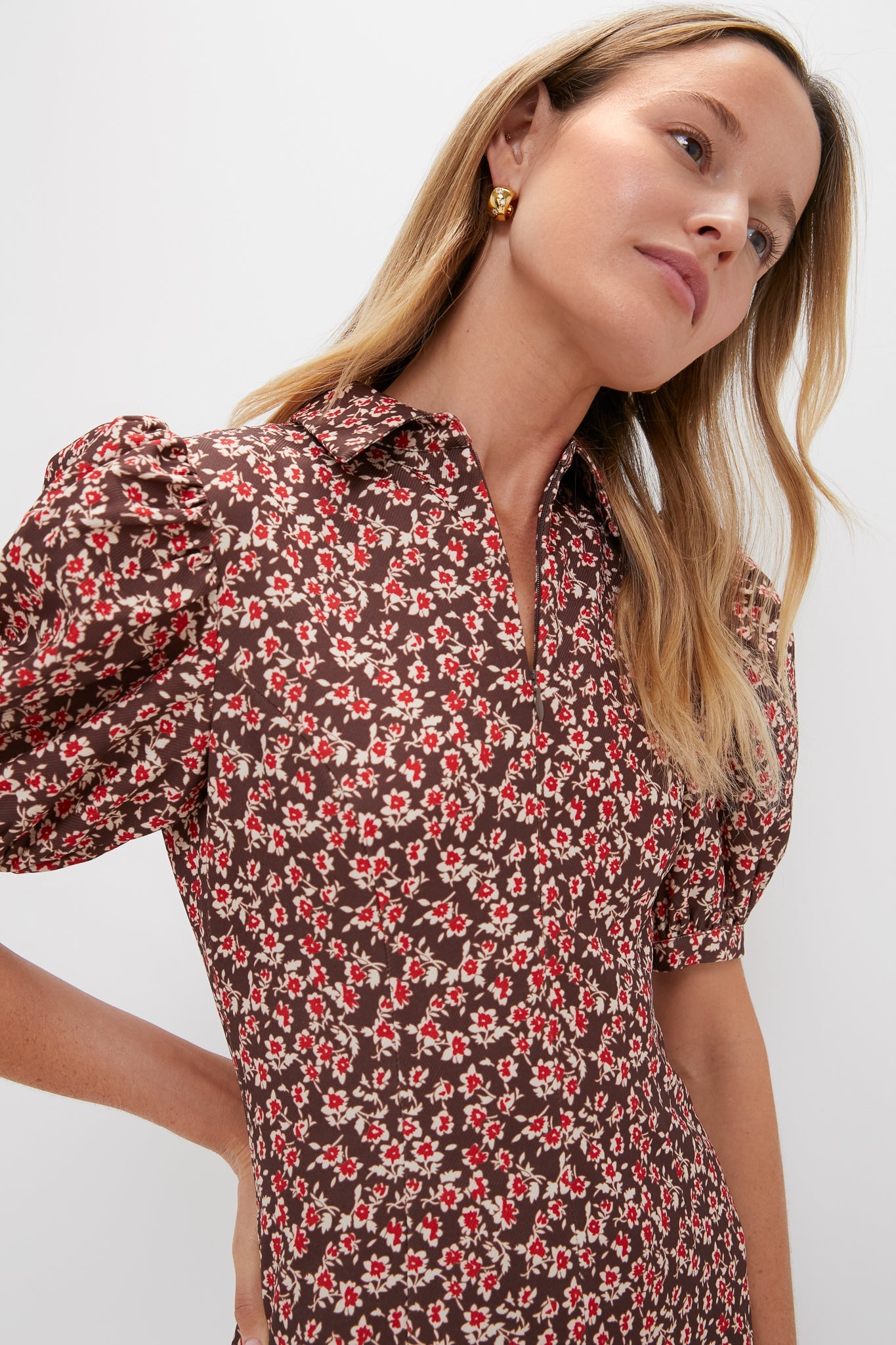 Brown & Red Floral Corduroy Front Zip Mini Dress