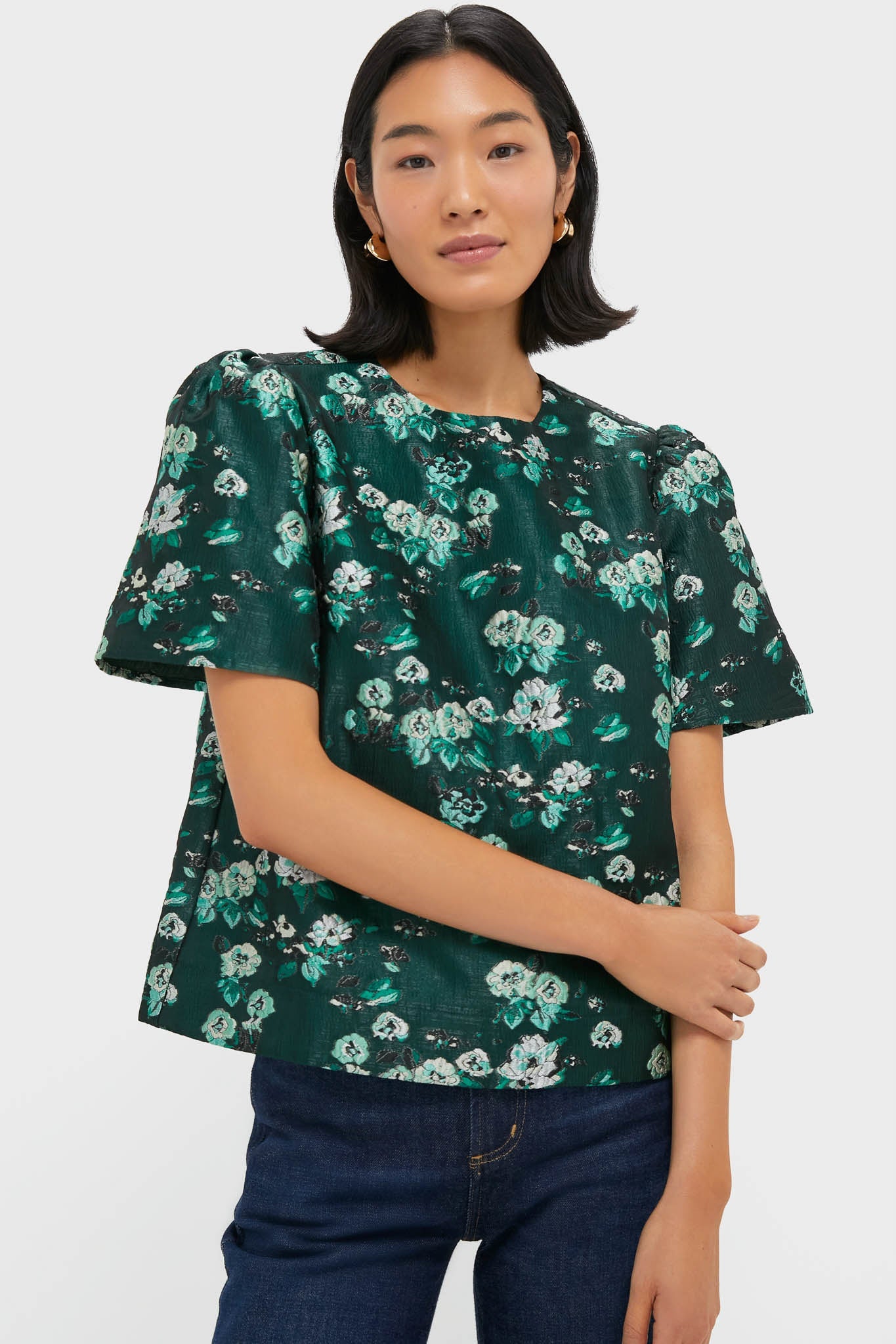 Emerald Magnolia Floral Jacquard Lyla Blouse