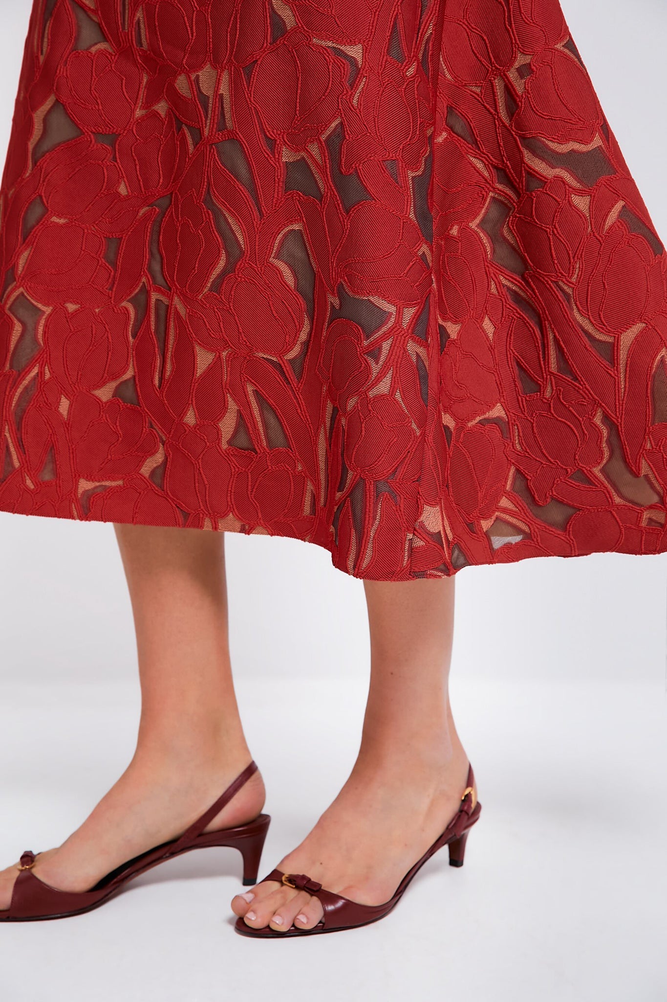 Red on Beige Seneca Embellished Midi Dress