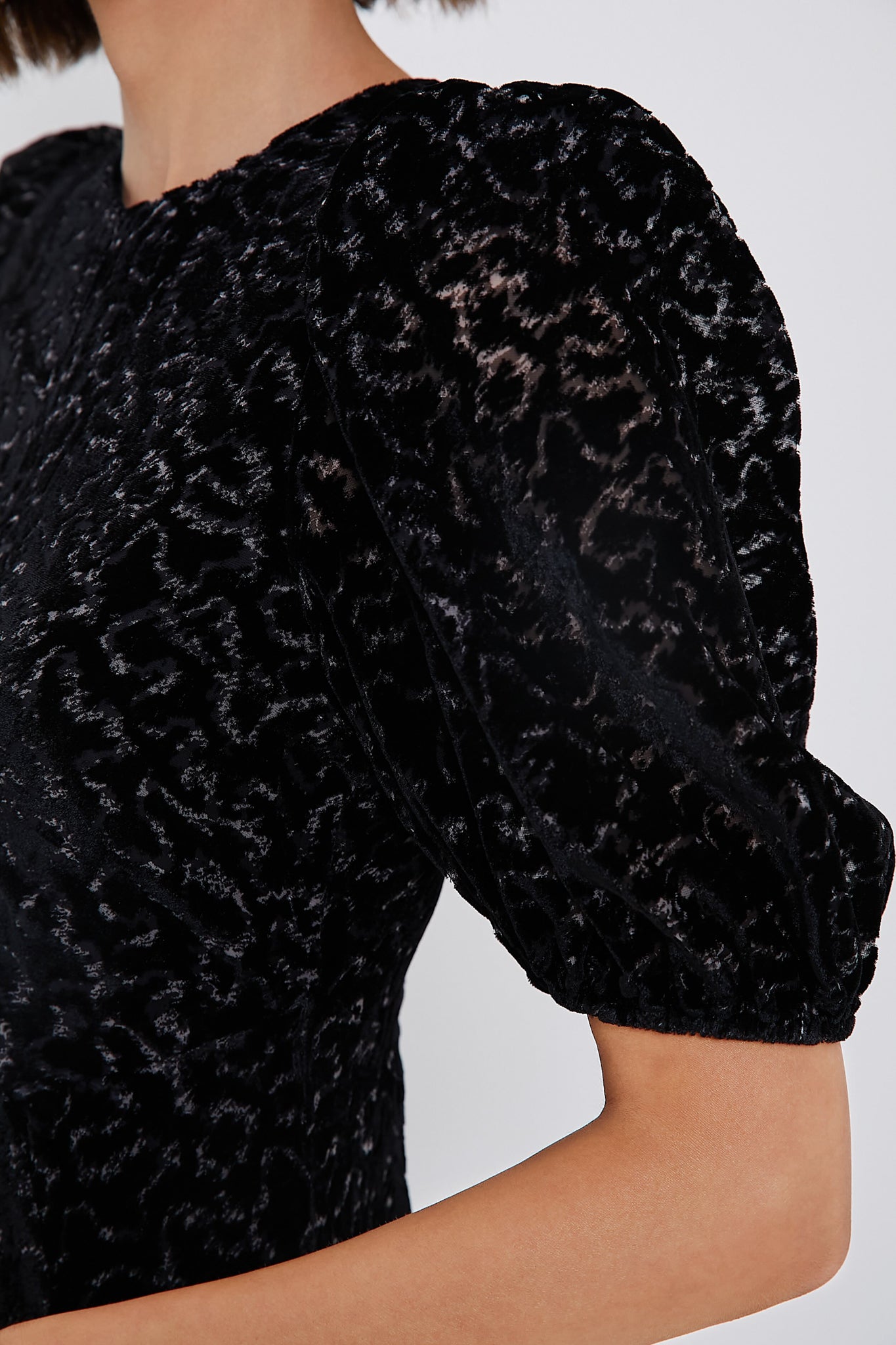 Black Sophia Burnout Velvet Puff Sleeve Dress