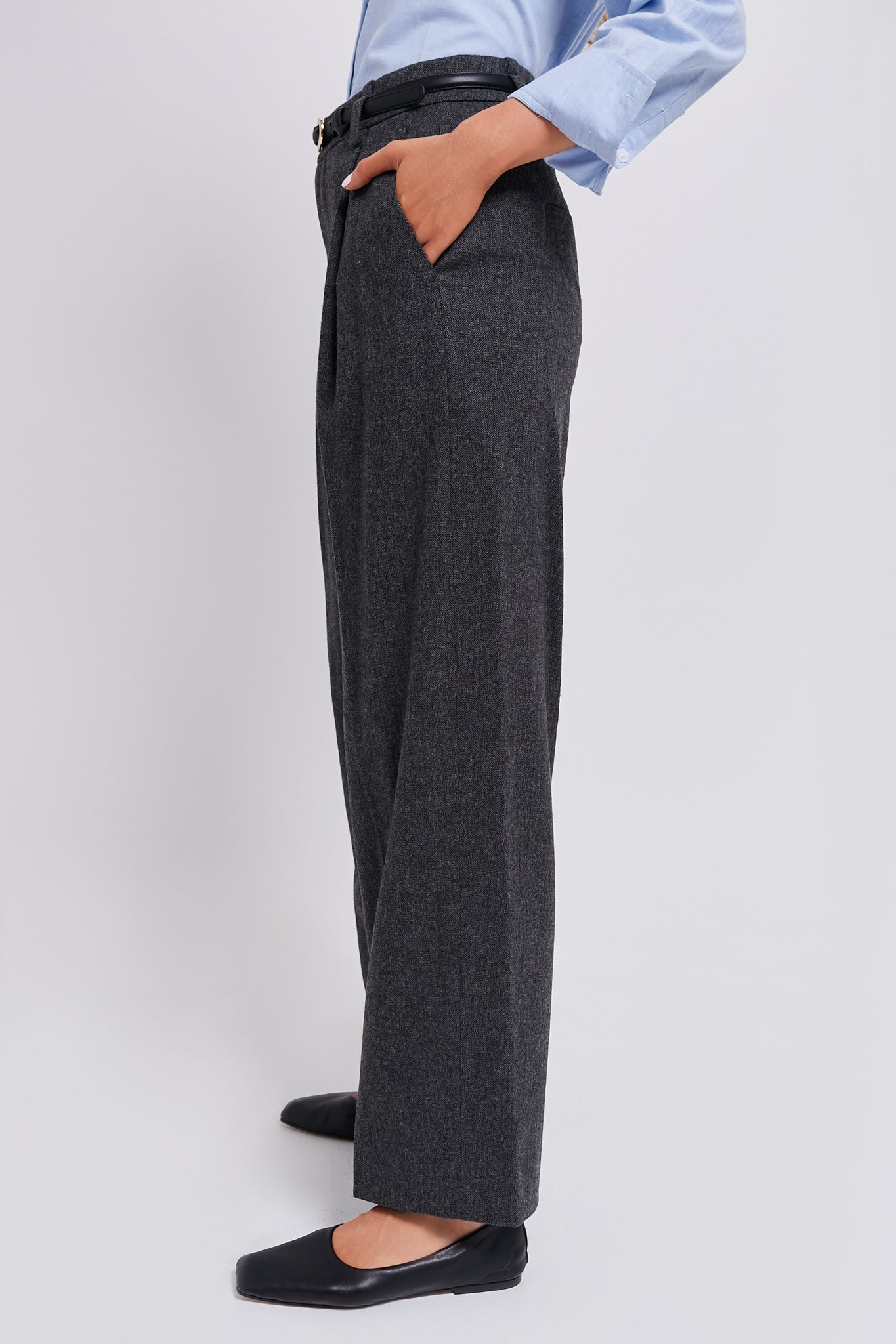 Charcoal Herringbone High Waisted Wide Leg Trouser