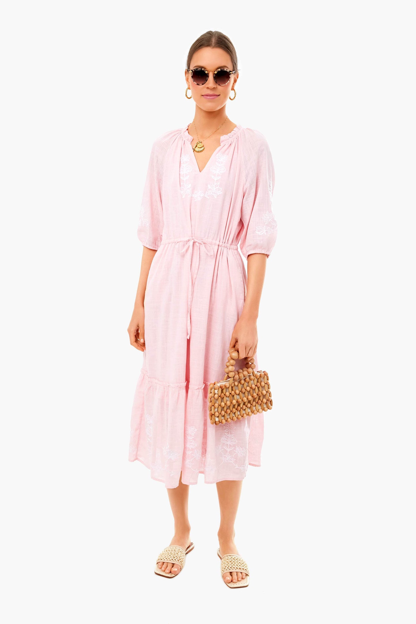 Pink Embroidered Floral Tie Waist Midi Dress