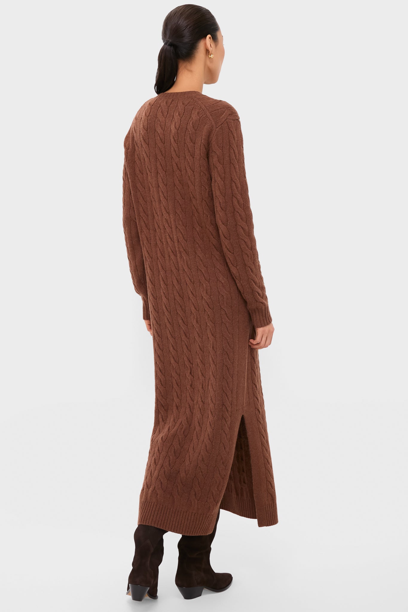 Gingerbread Brown Melange Alpaca Blend Sweater V-Neck Long Sleeve Dress