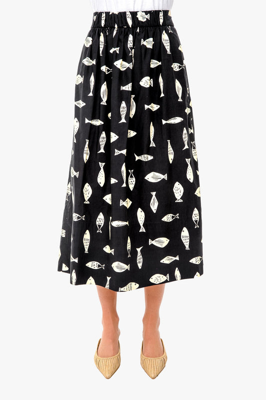 Poisson Print Smocking Waistband Full Skirt