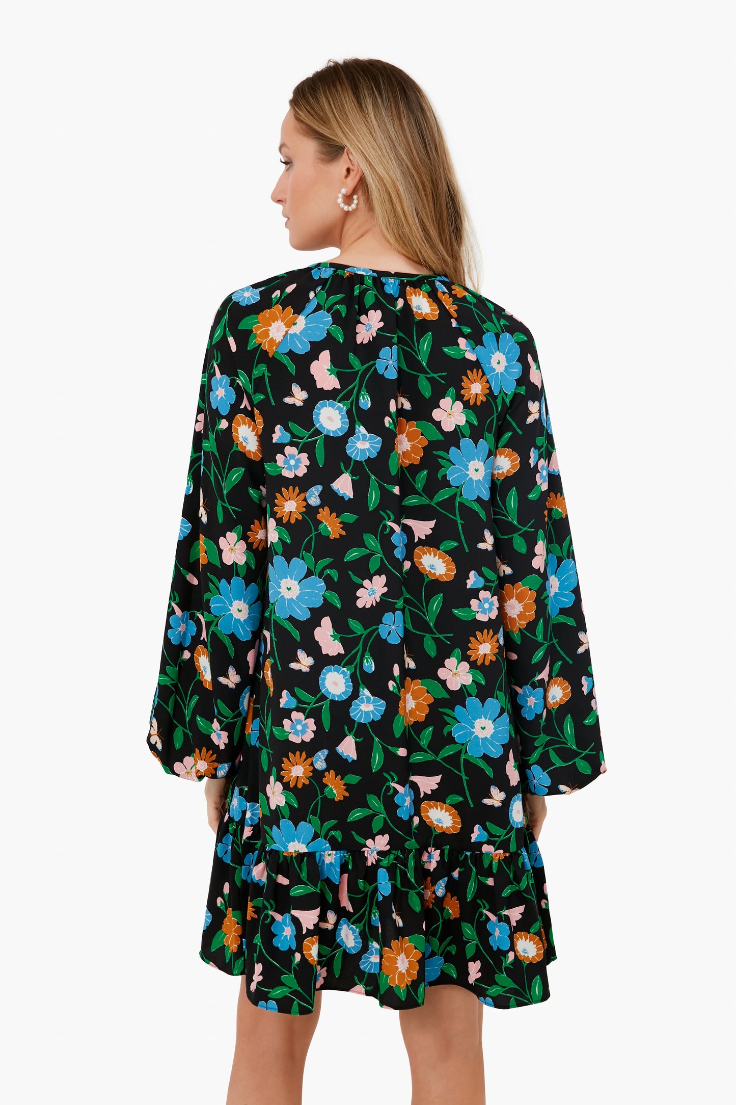 Black Floral Garden Tie Neck Dress