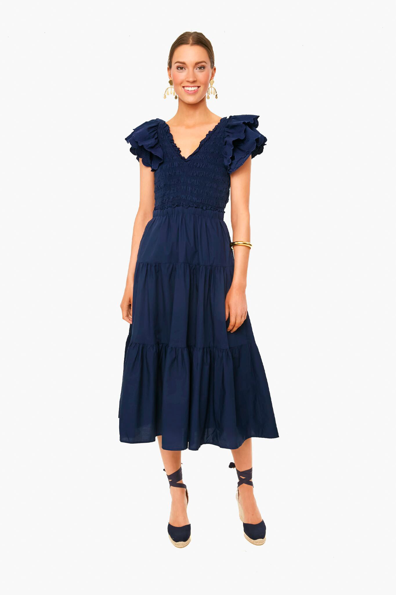 Navy Heidi Heart Quilted Flutter Sleeve Smocked Dress