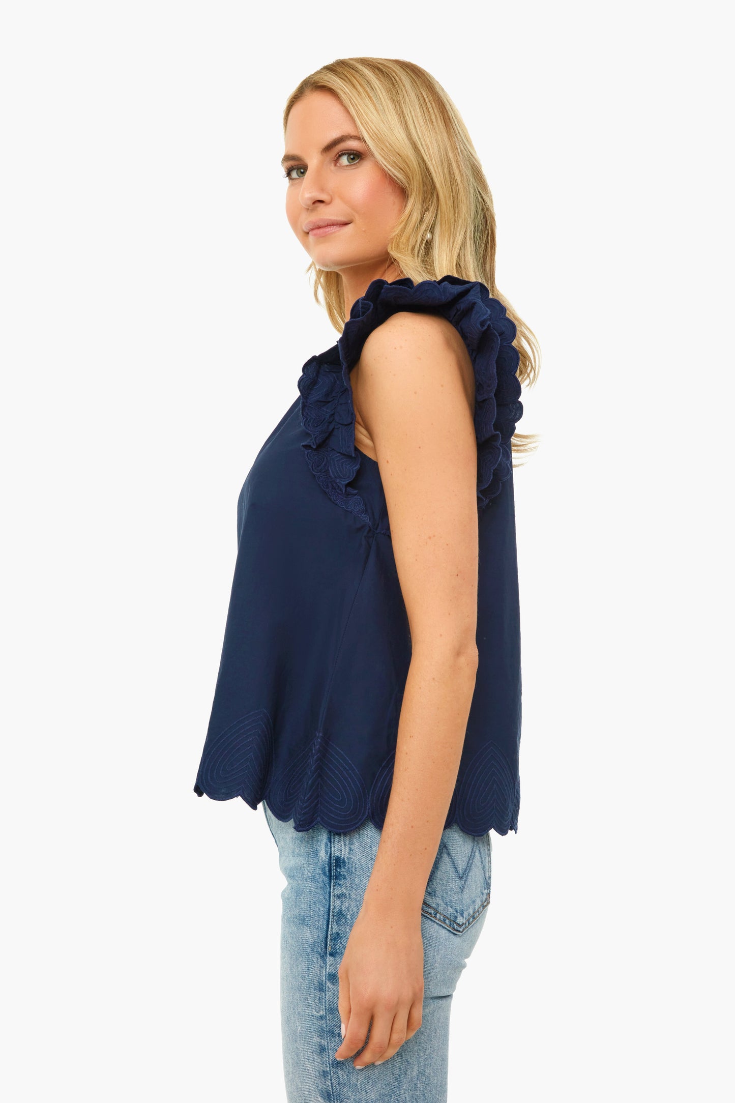 Navy Heidi Heart Quilted Flutter Sleeve Tank Top