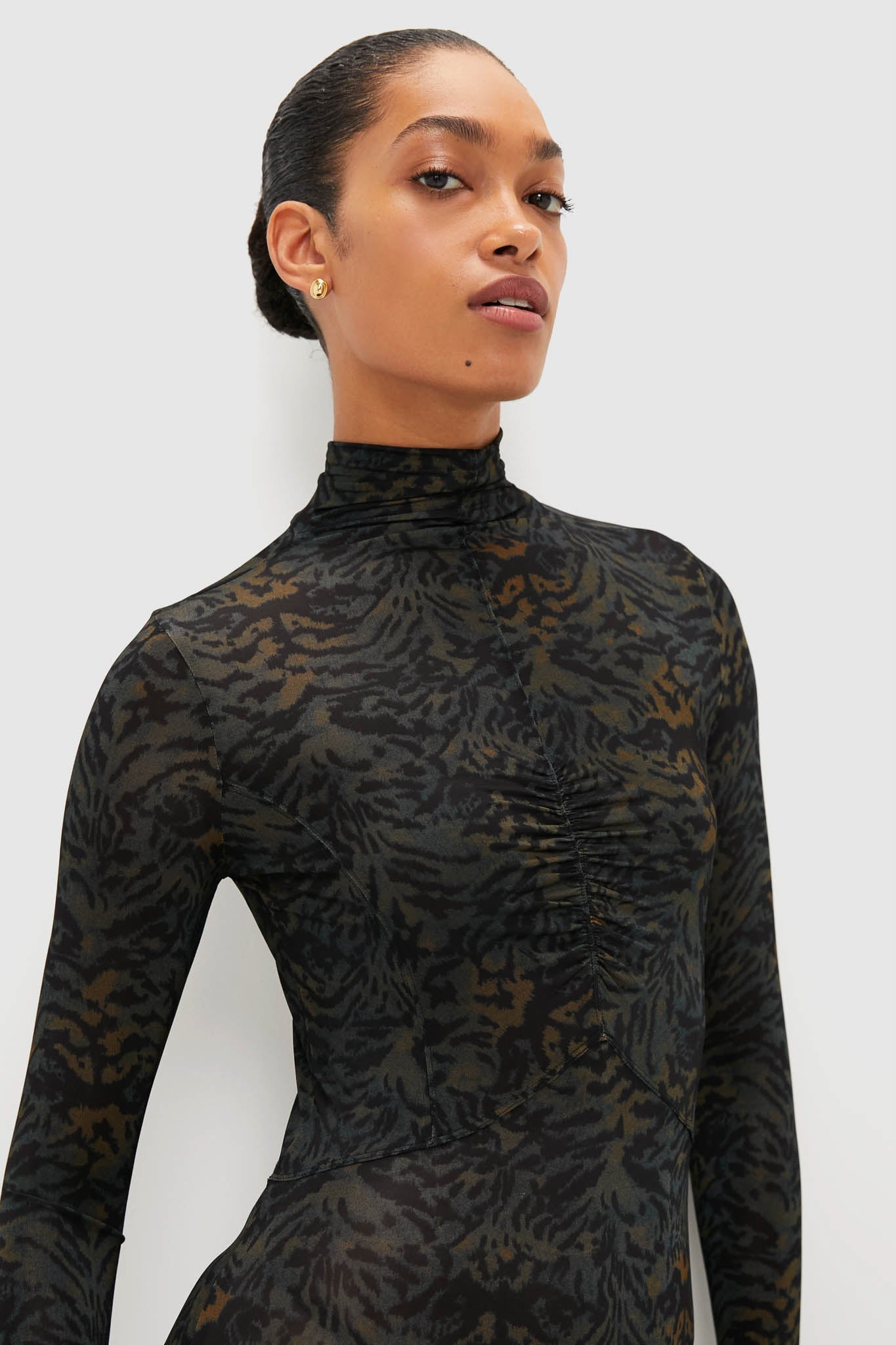 Desert Jasper Koa Jersey Ruched Front Turtleneck Dress