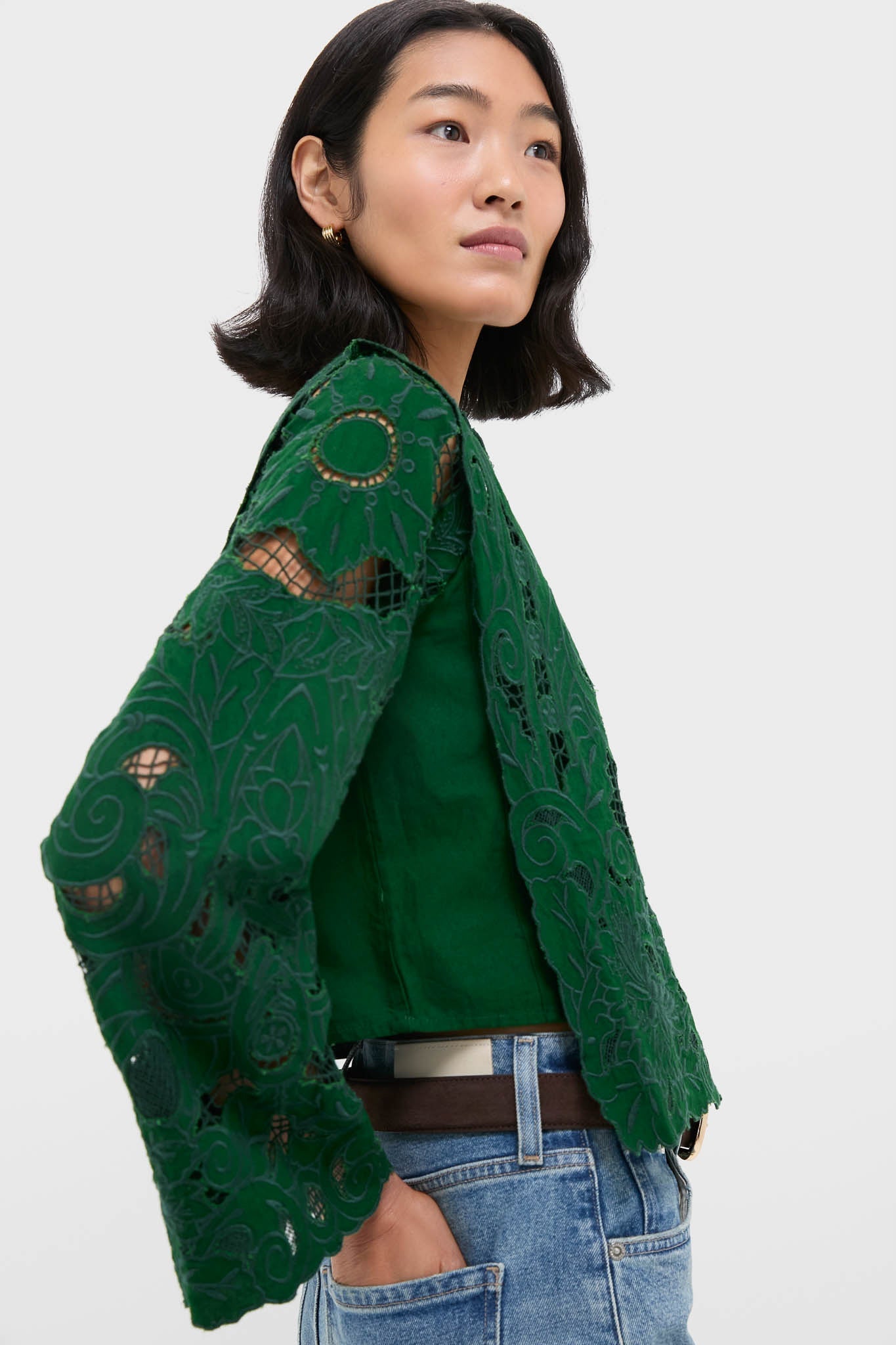 Green Ceci Embroidery Long Sleeve Top