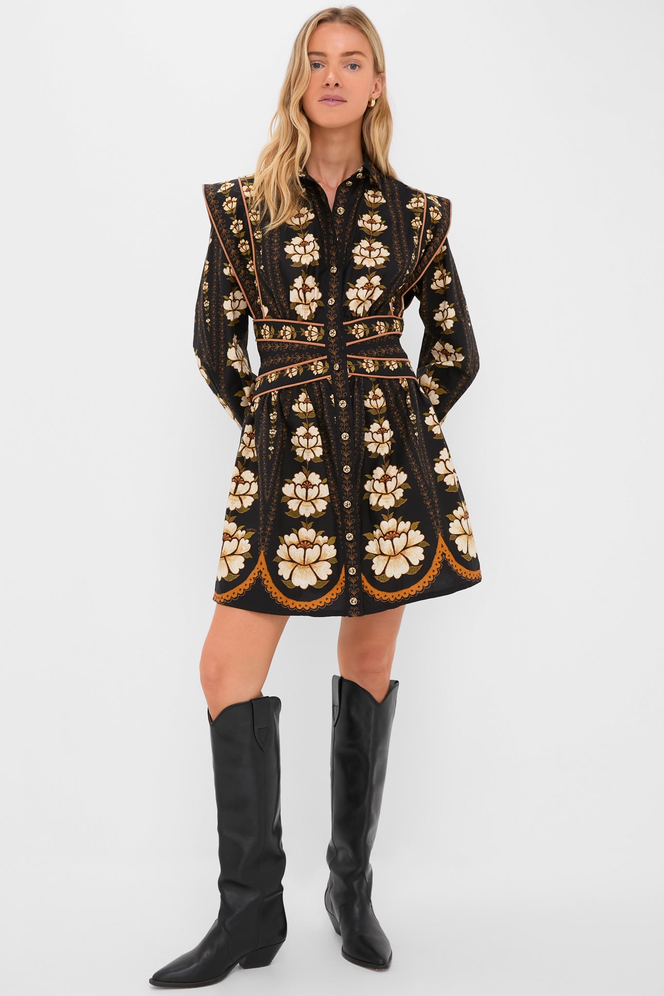 Black Embroidered Flowers Topstitching Long Sleeve Mini Dress