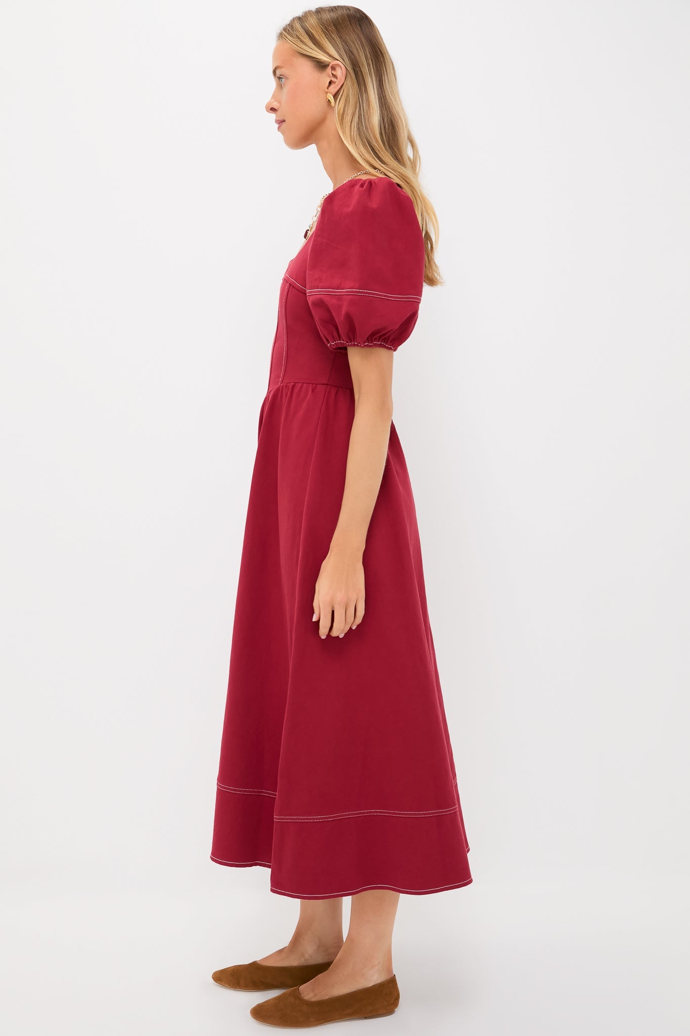 Oxblood Puff Sleeve Midi Dress