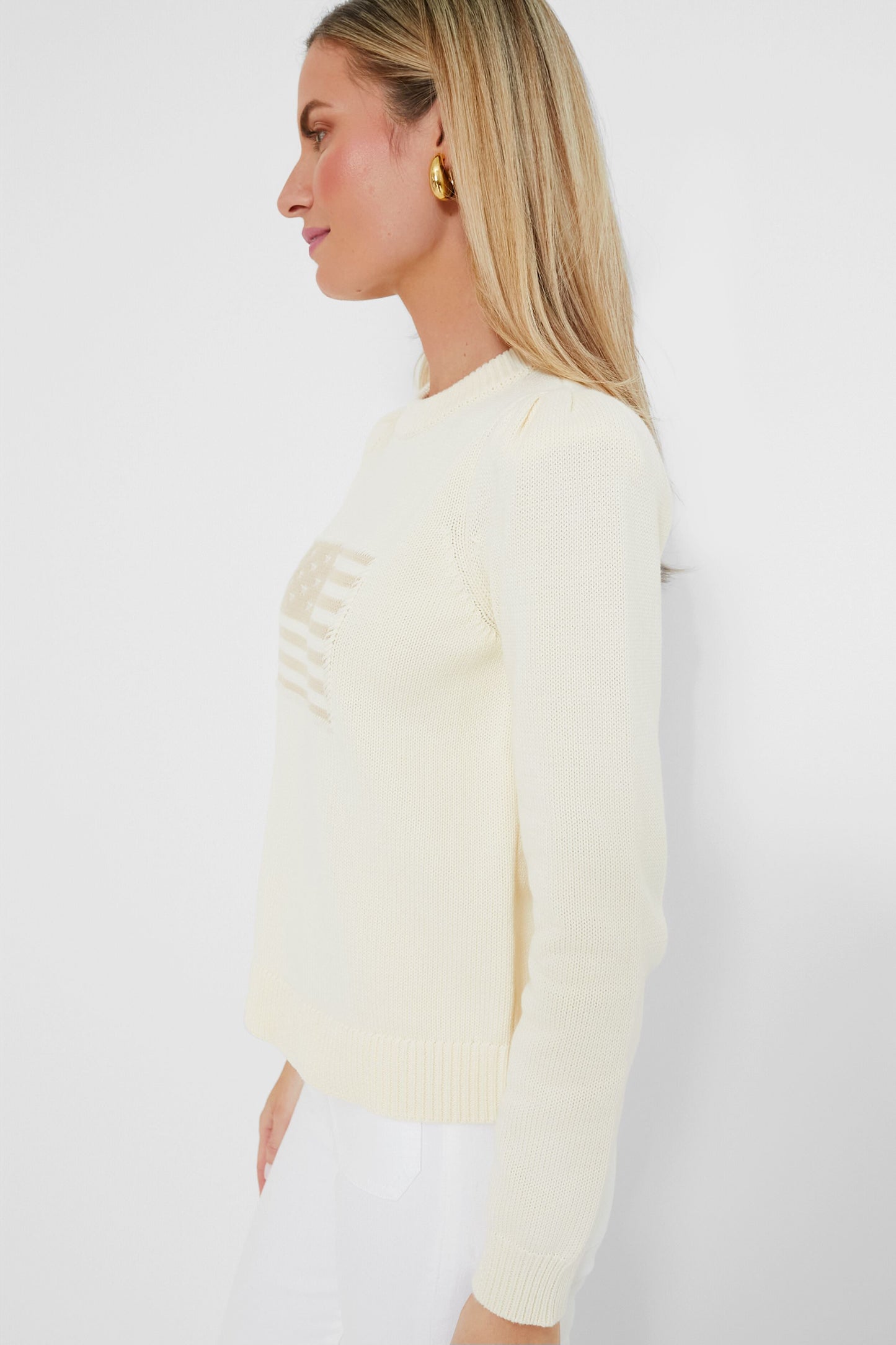 Ivory and Sandstone Cropped Puff Sleeve Americana Sweater