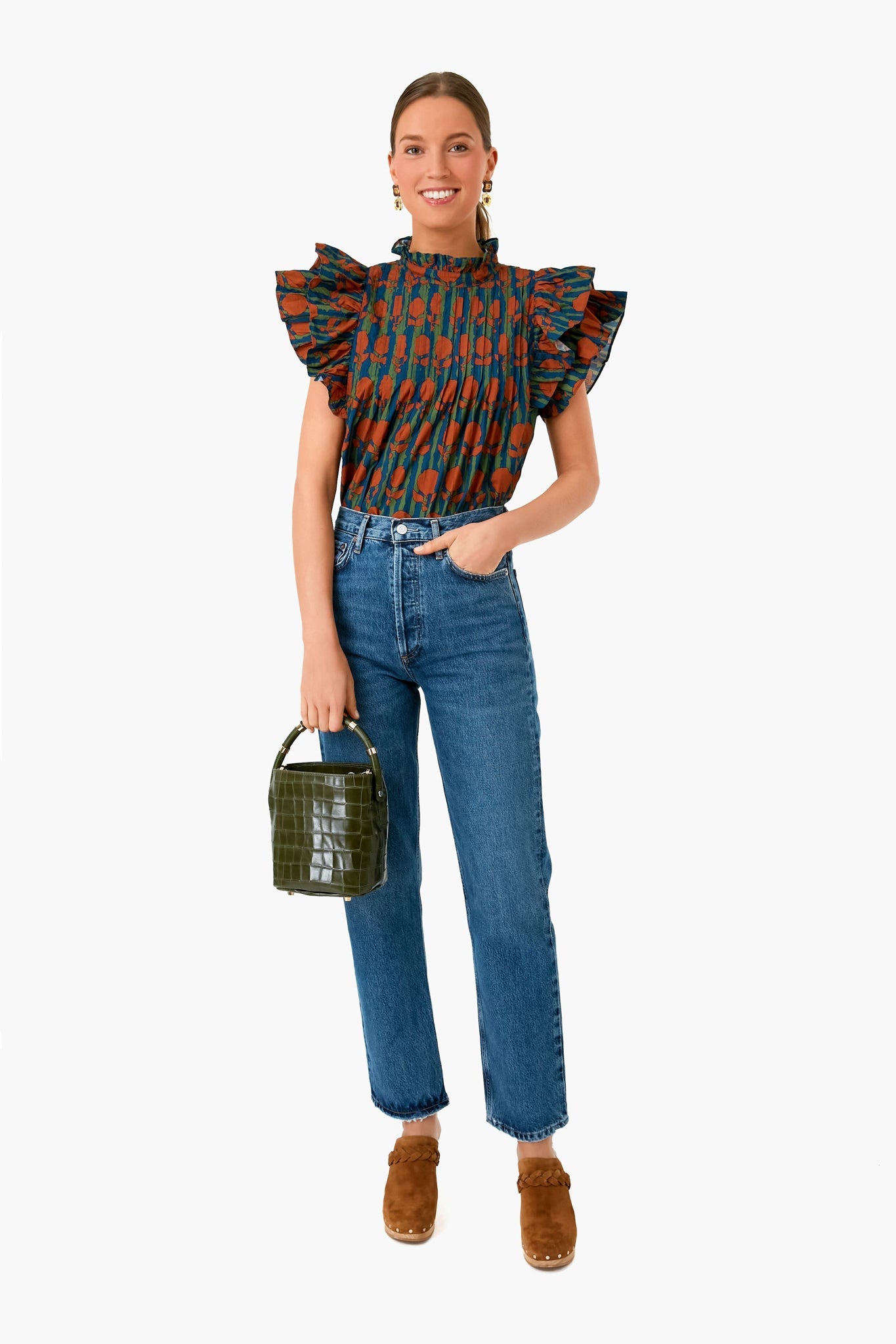 Cognac Istanbul Pintuck Ruffle Top