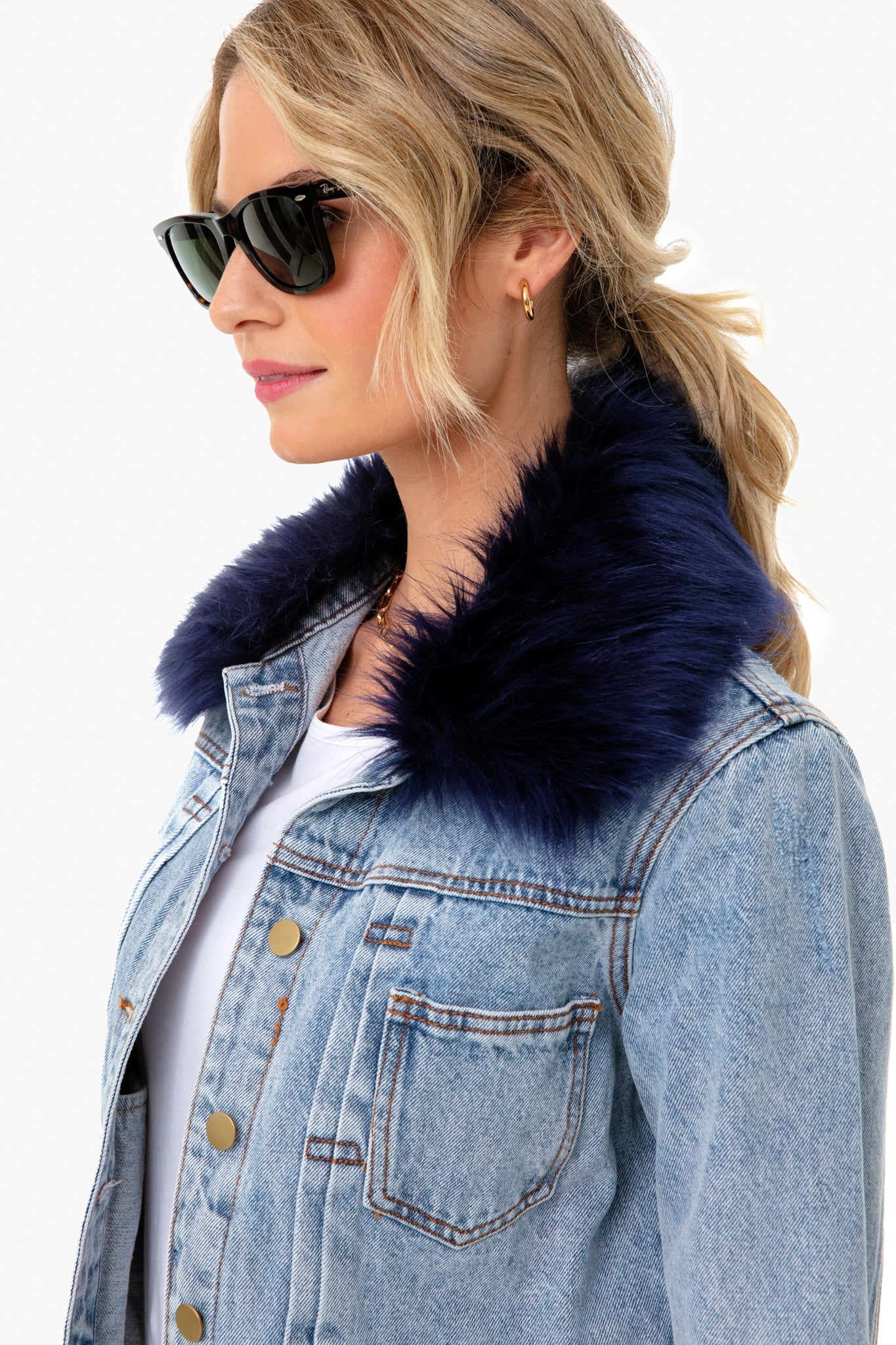 Denim Jacket With Removable Navy Fur Collar