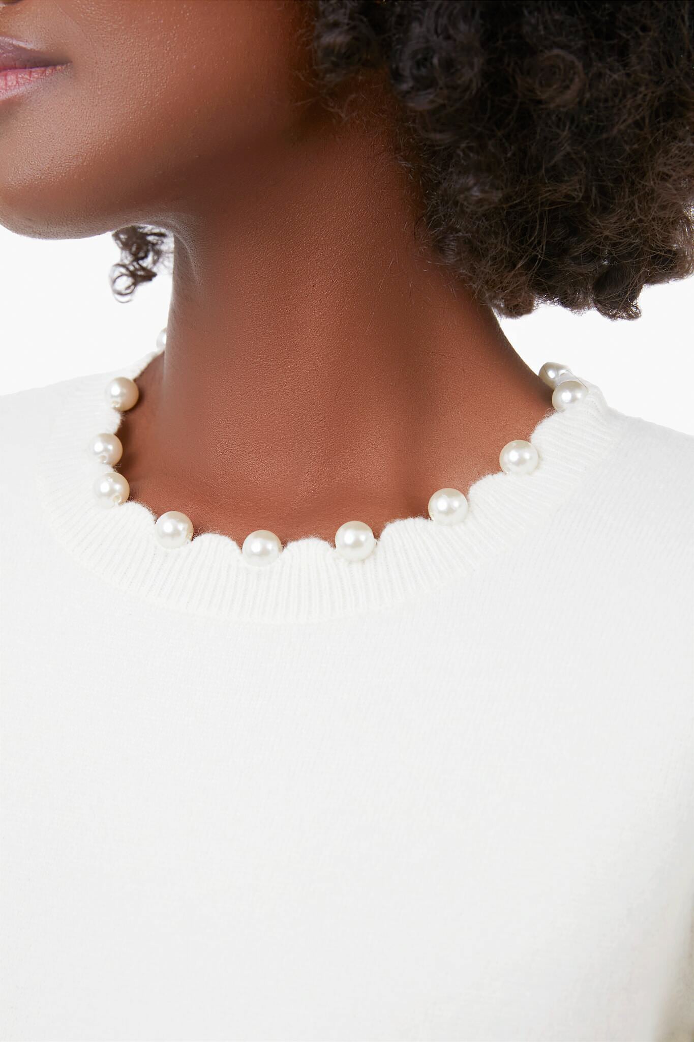 French Cream Pearl Edged Crewneck Sweater