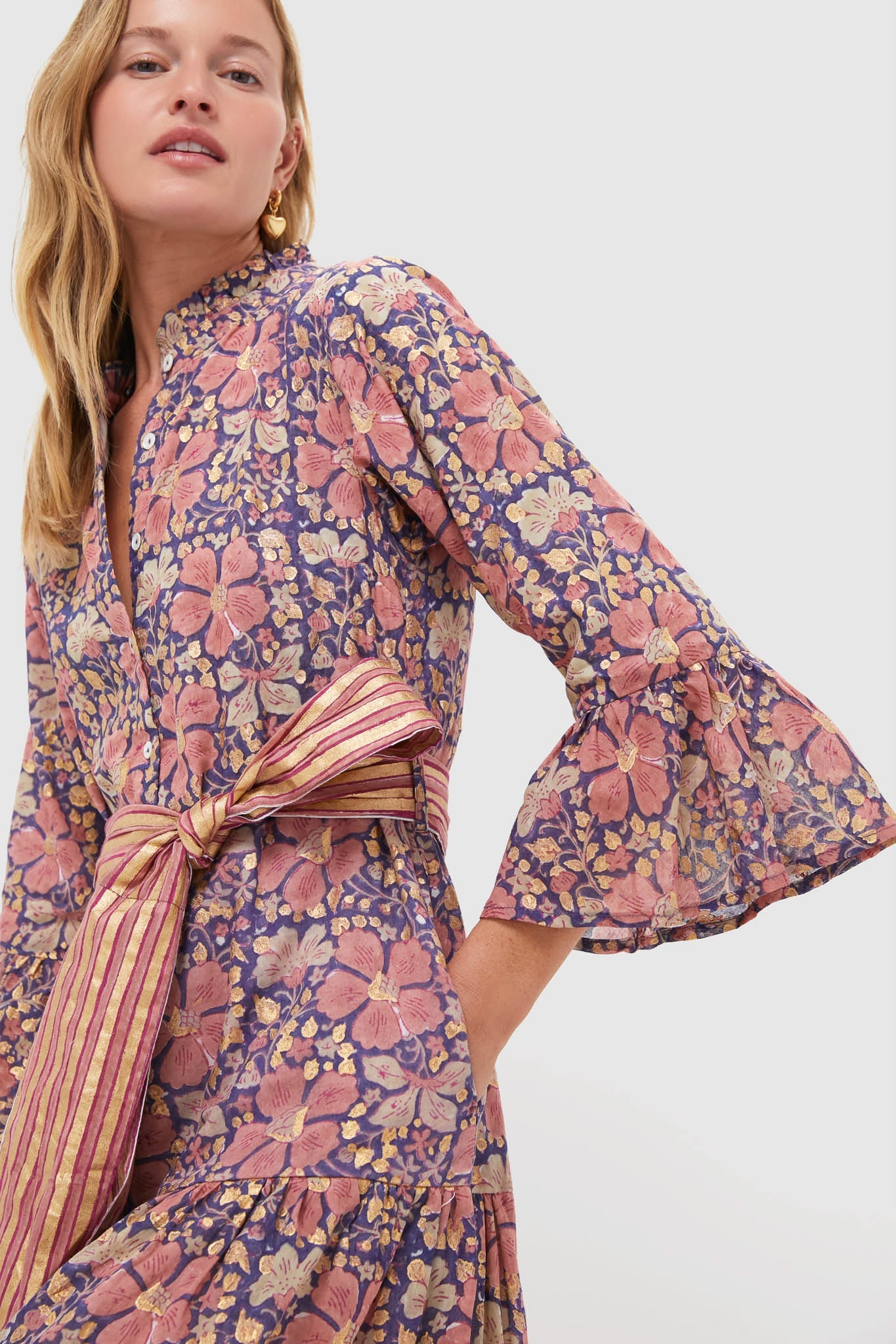 Matera Navy Ruffle Collar Bell Maxi Dress