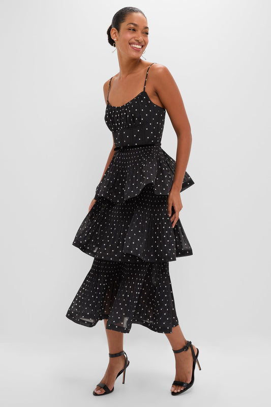 Black and Cream Polka Dot Pleated Tiered Midi Dress