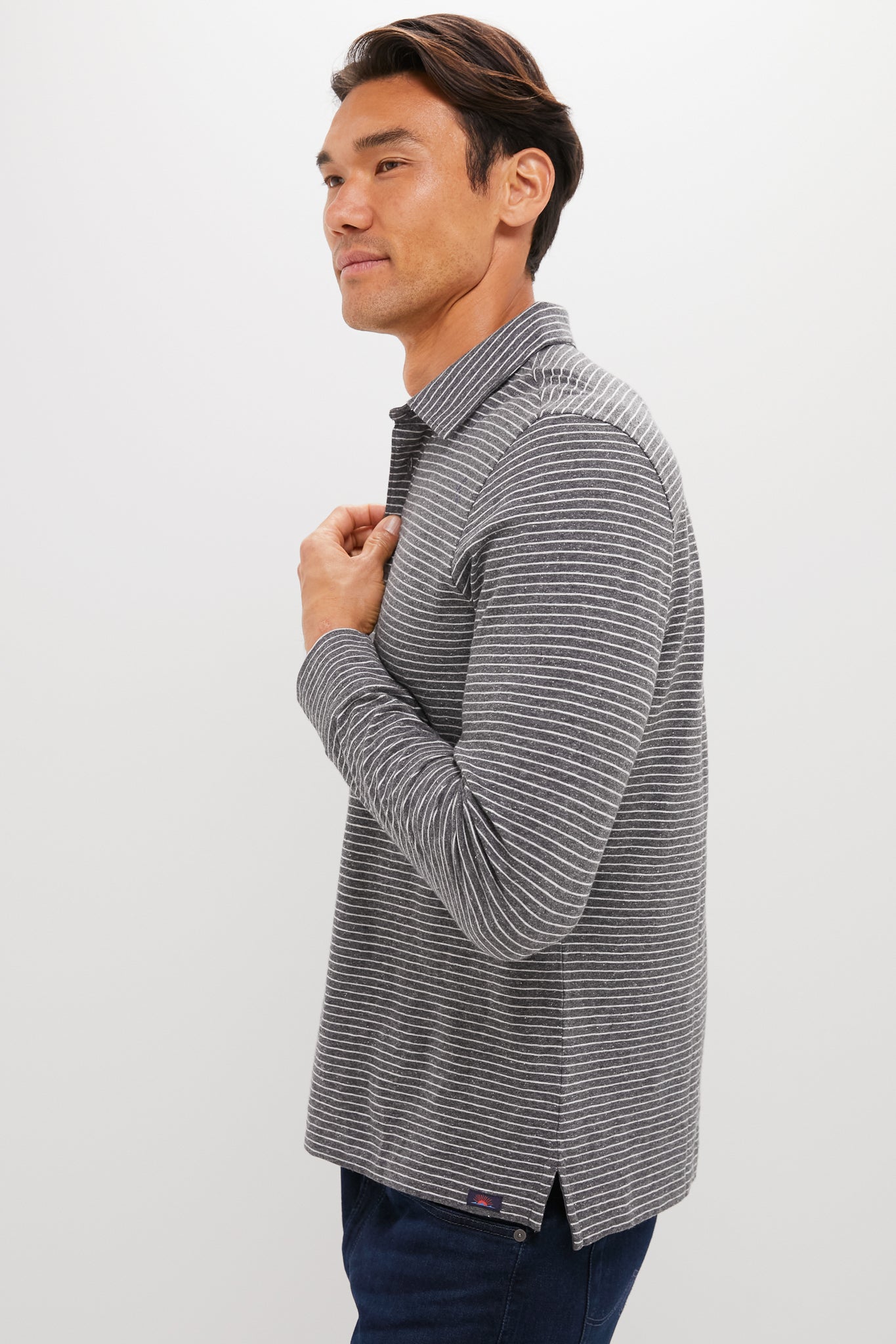 Charcoal Grey Stripe Sunwashed Long Sleeve Polo