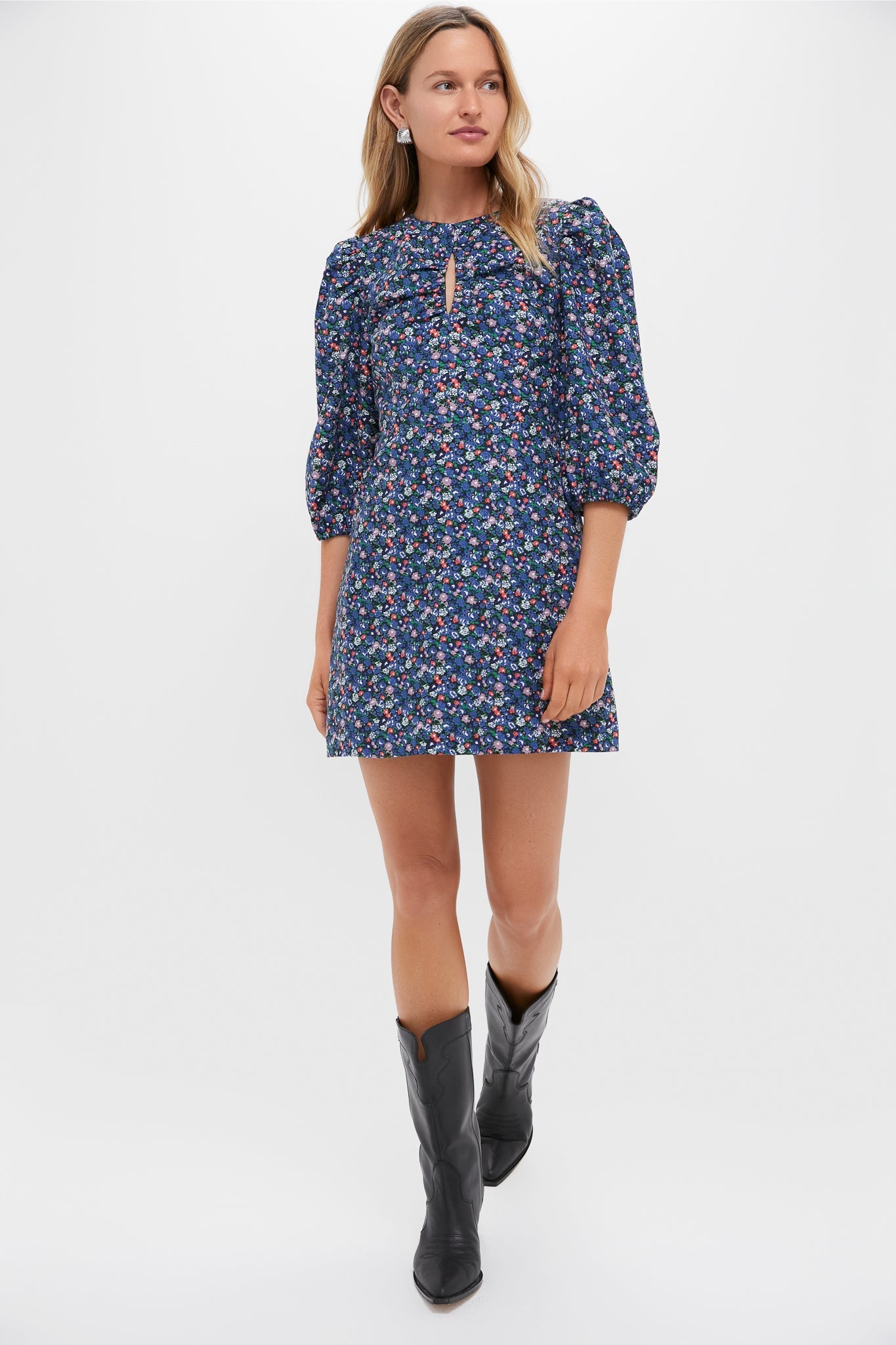 Black & Navy Corduroy Floral Keyhole Moore Mini Dress