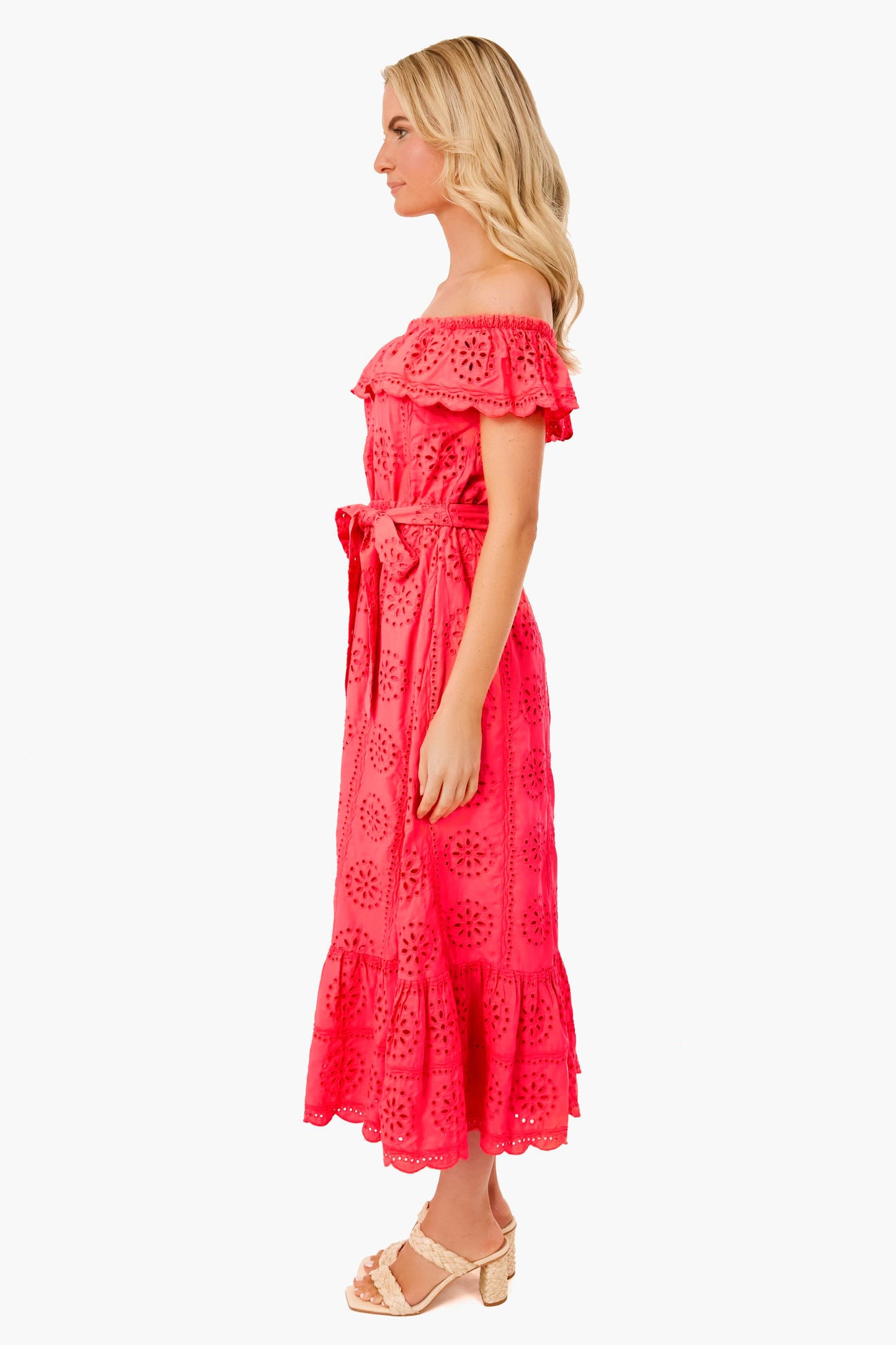 Spicy Coral Liabella Off the Shoulder Eyelet Midi Dress