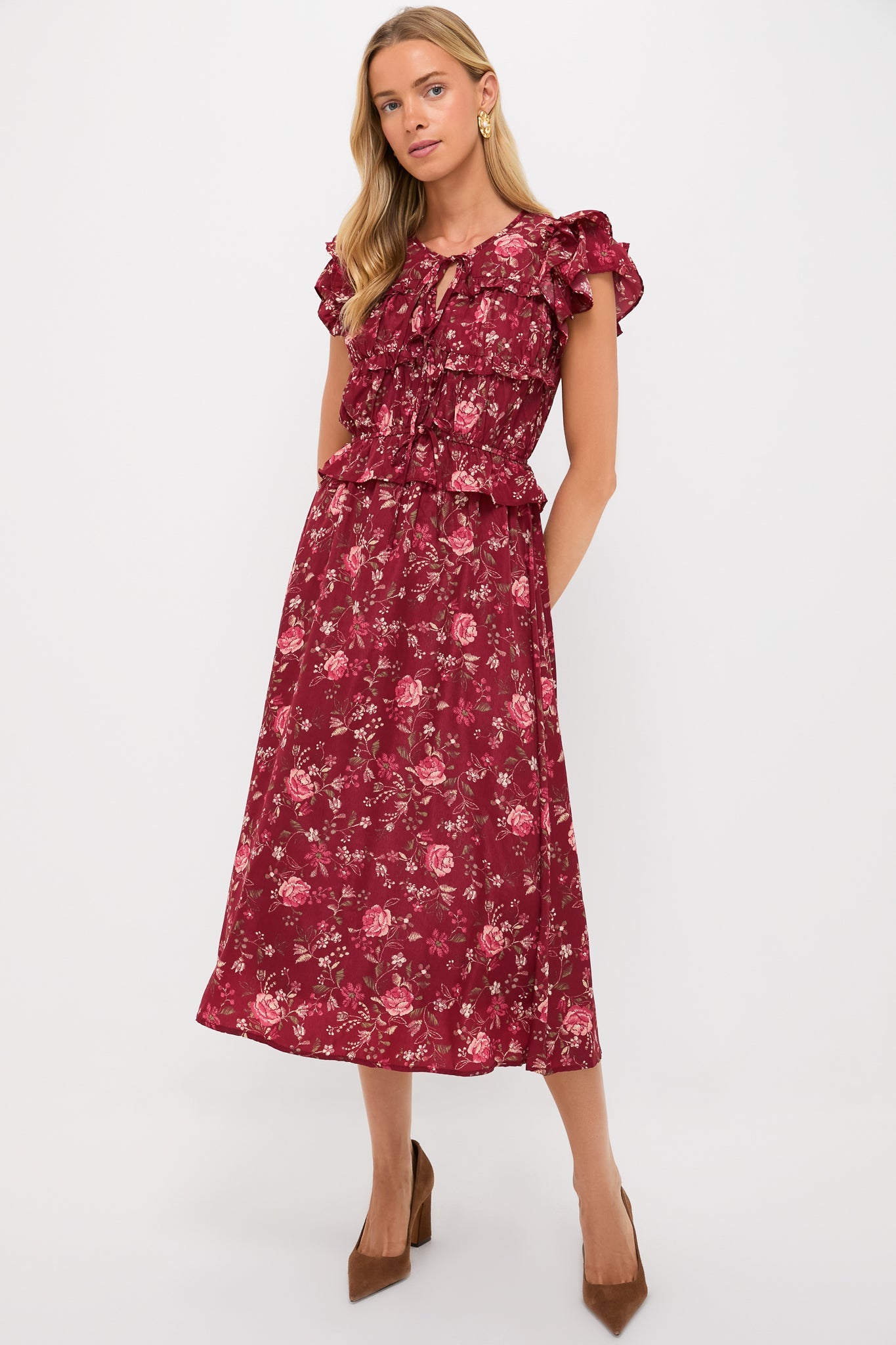 Oxblood Multi Floral Midi Dress