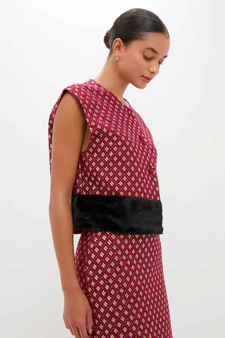 Burgundy and Gold Hernan Geom Fur Top