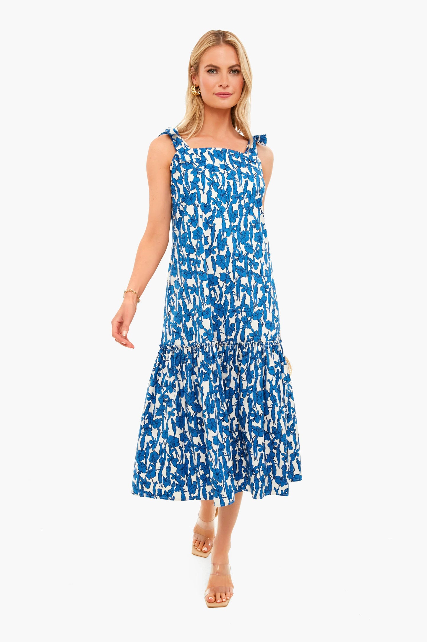 Blue Hibiscus Drop Waist Shoulder Tie Dress