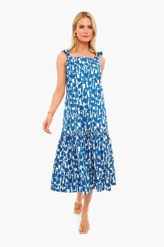 Blue Hibiscus Drop Waist Shoulder Tie Dress
