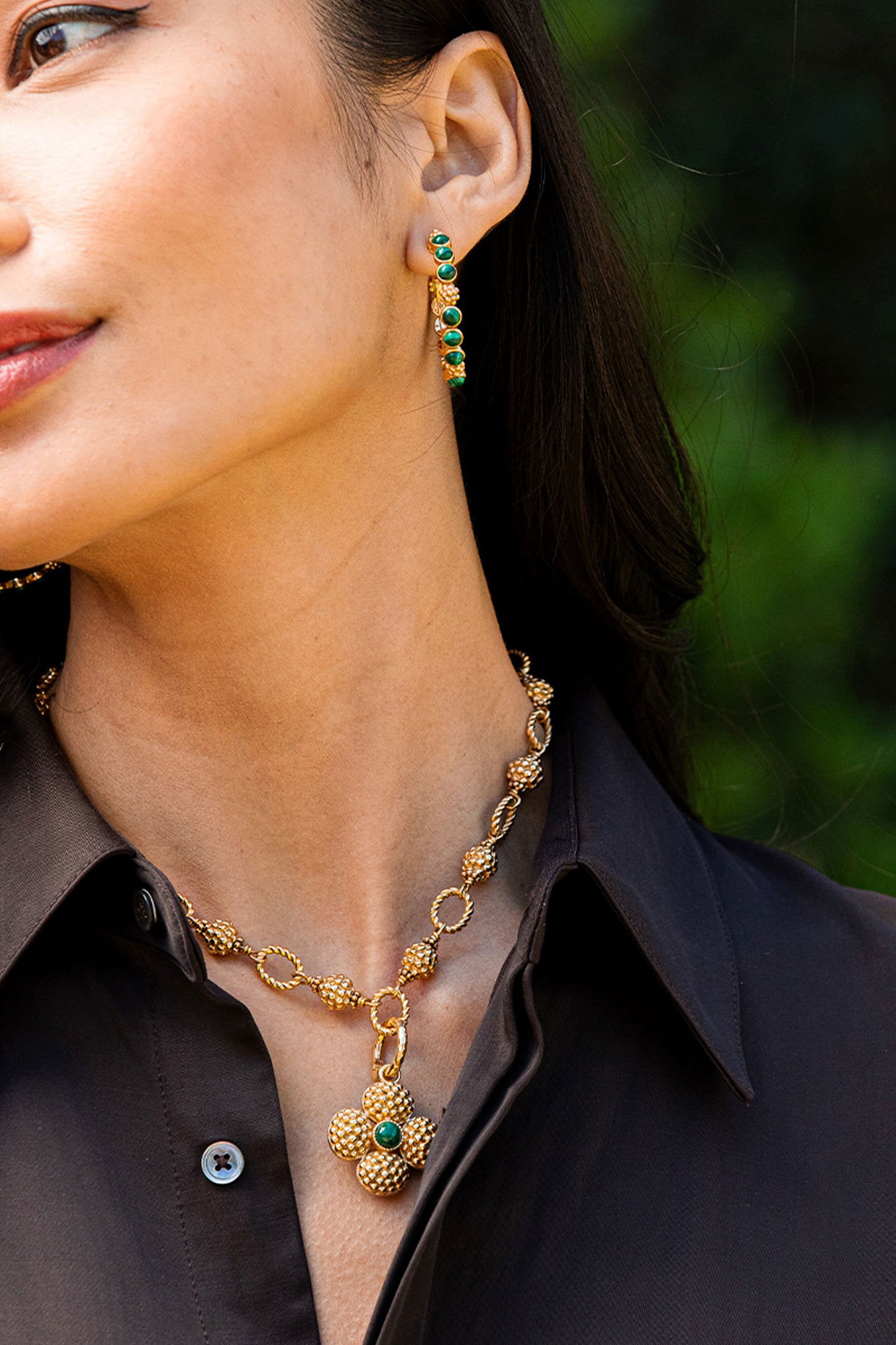 Berry Gem Medium Hoop Earrings - Malachite