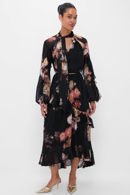 Russet Floral Hypnotic Asymmetric Midi Skirt