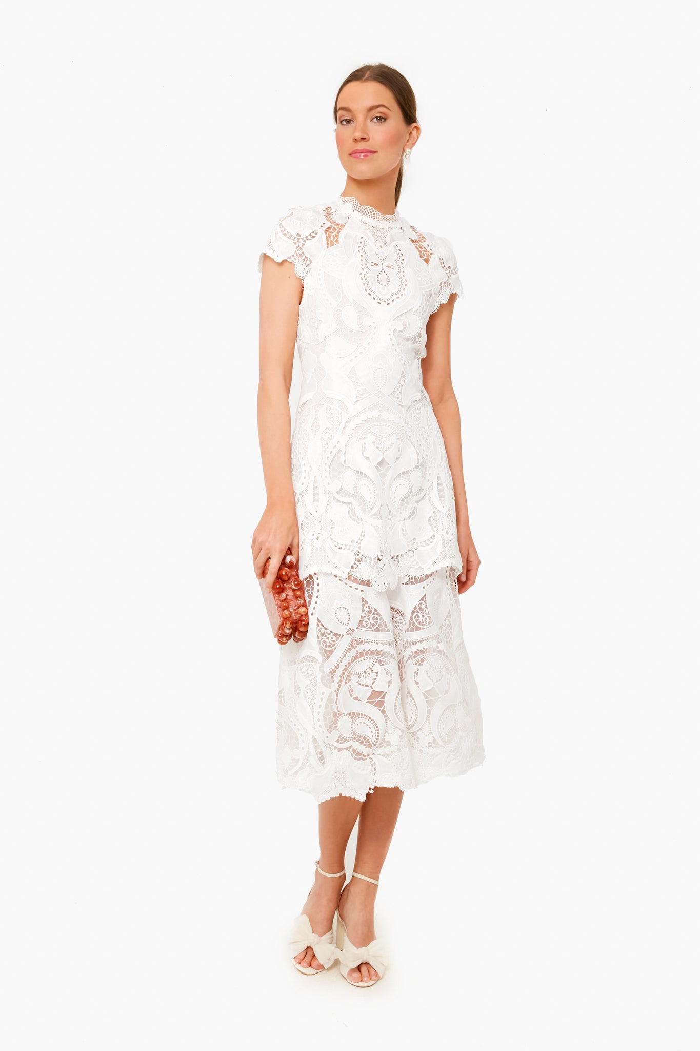 White Laura Guipure Lace Cap Sleeve Midi Dress