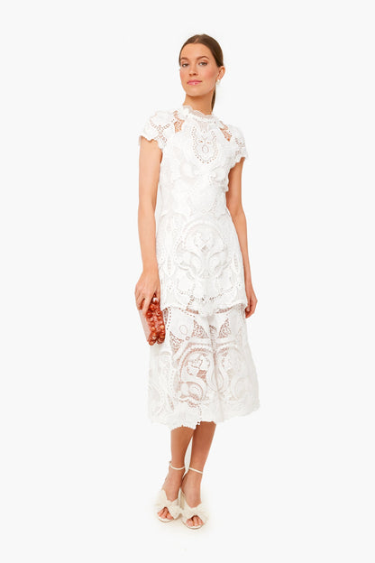 White Laura Guipure Lace Cap Sleeve Midi Dress