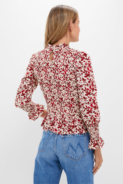 Red and Cream Floral Smocked Cynthia Blouse