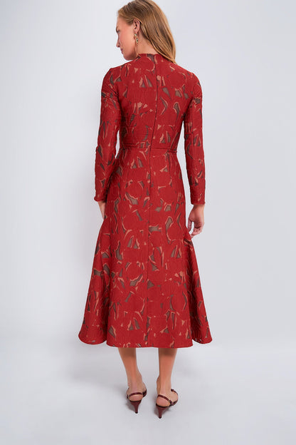 Red on Beige Seneca Embellished Midi Dress