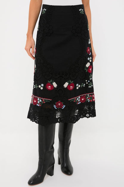 Black Rosaline Embroidery Midi Skirt
