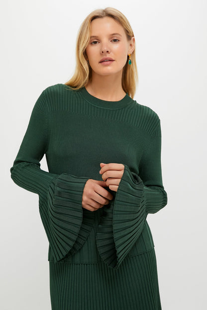 Dark Green Bell Sleeve Rib Sweater