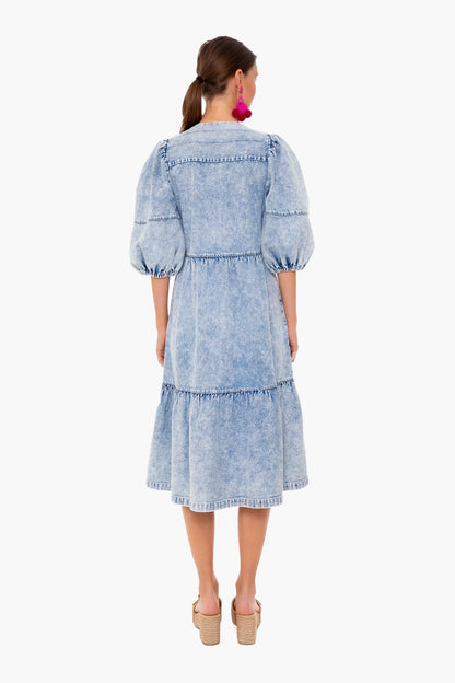 Blue Dax Acid Wash Denim Puff Sleeve Dress
