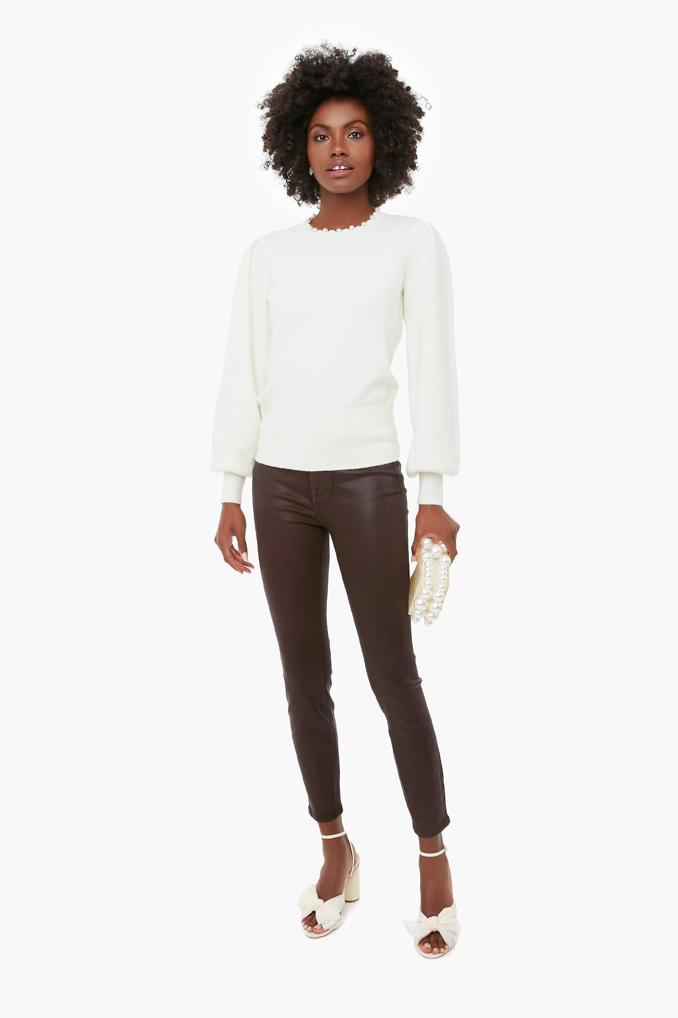French Cream Pearl Edged Crewneck Sweater