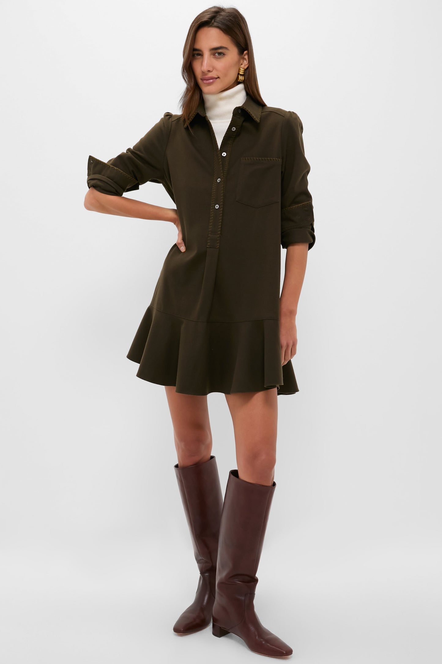 Dark Olive Whipstitch Brushed Wool Callahan Shirt Dress