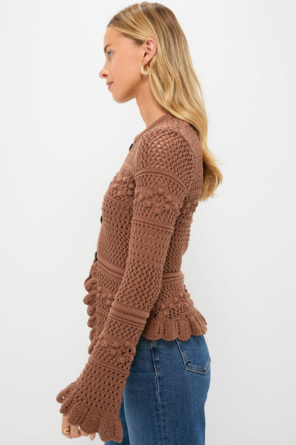 Dark Cinnamon Swirl Kiva Open Stitch Ruffle Cardi