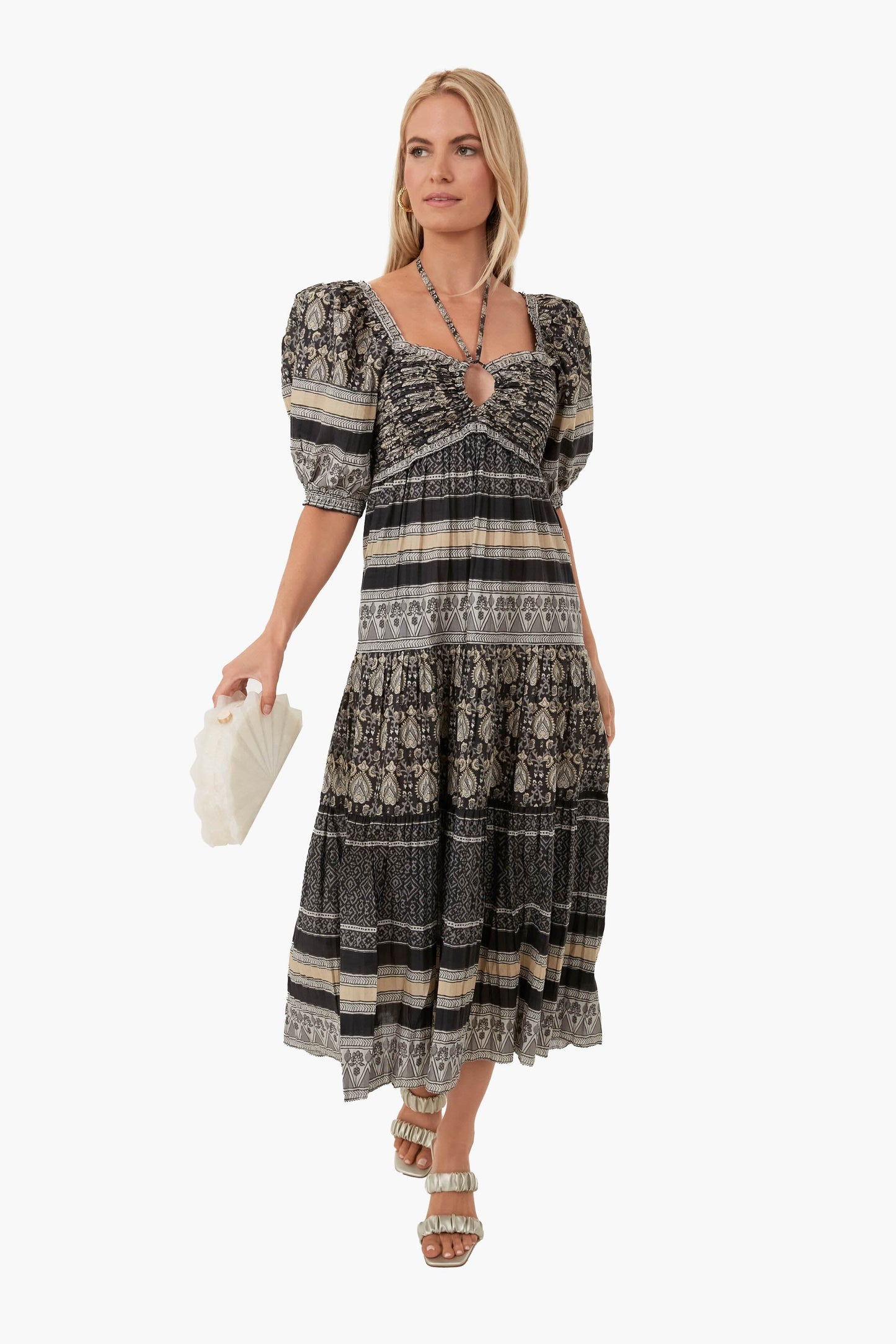 Black Tasha Print Short Sleeve Tiered Dress