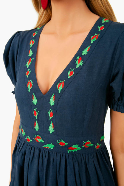 Indigo Aktur Linen V-Neck Embroidered Midi Dress