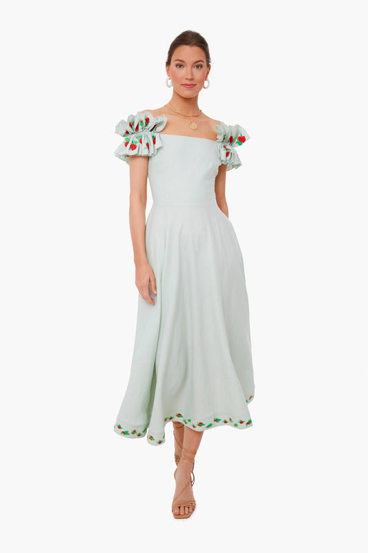 Mint Alanya Linen Off The Shoulder Embroidered Midi Dress
