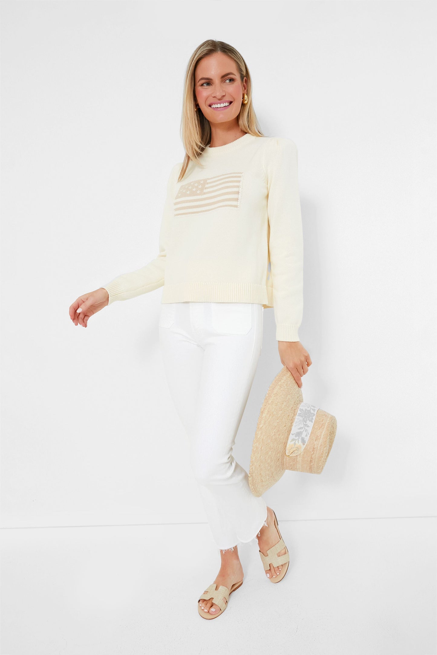 Ivory and Sandstone Cropped Puff Sleeve Americana Sweater